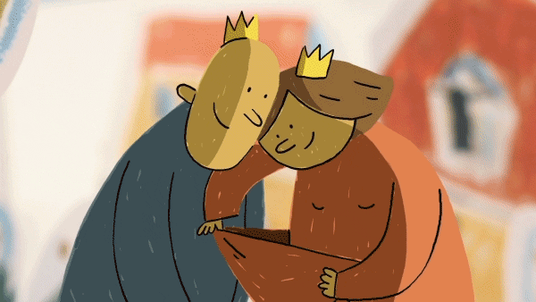 Zeichentrick-Animation zeigt Kind, das aus Mutters Tasche schlüpft