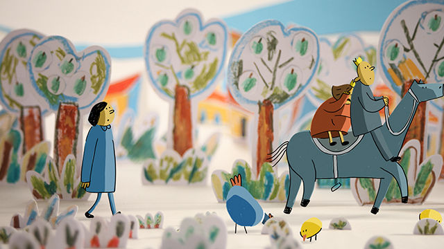 Stop-Motion-Set aus Papierobjekten mit Zeichentrickfiguren: Menschen und Pferd