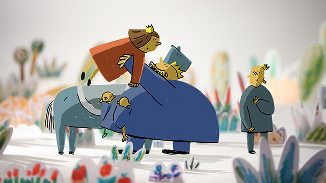 Stop-Motion-Set aus Papierobjekten mit Zeichentrickfiguren: König und Königin