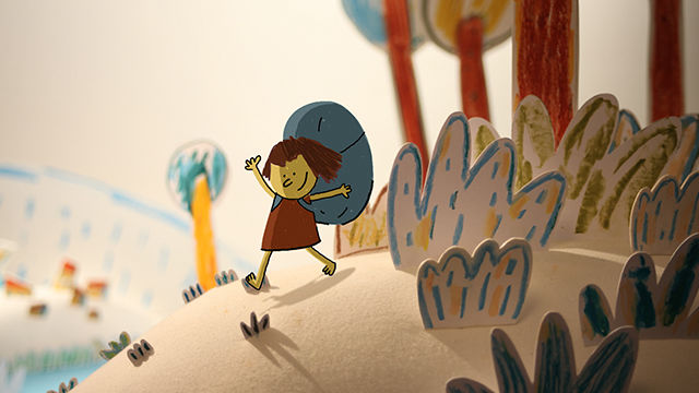 Stop-Motion-Set aus Papierobjekten mit Zeichentrickfiguren: Kind mit Rucksack