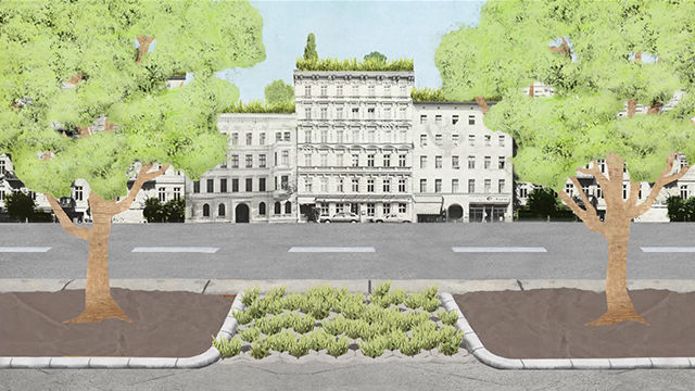 2D-Collage-Still: Straße mit Häusern und Bäumen