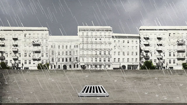 2D-Collage-Still: Verregnete Straße mit Häusern und Gulli