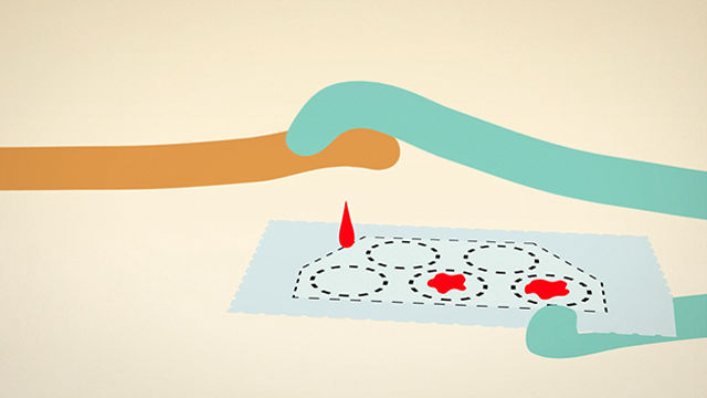 Motion-Graphic-Still: Blut tropft von Hand auf medizinischen Test